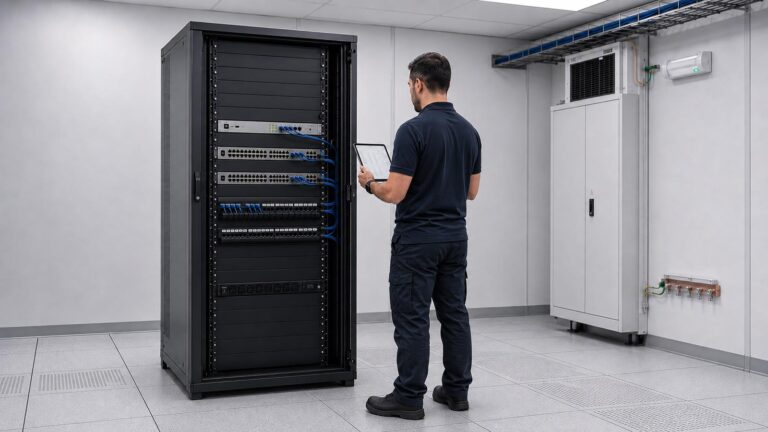 Ein Techniker kontrolliert die fachgerecht installierte UniFi-Netzwerkinfrastruktur im Serverschrank. Gateway, Switches, Patchfelder und sauberes Kabelmanagement sorgen für einen zuverlässigen und skalierbaren Betrieb.